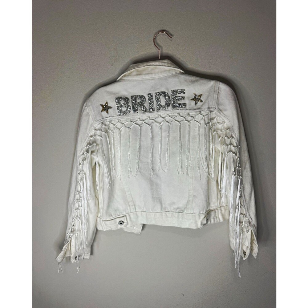 Event Blossom Women's White Denim Jacket S/M Rhinestone BRIDE Fringe Pockets